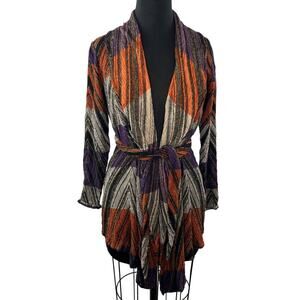 Hale Bob Purple Gray Orange Stripe Long Sleeve Open Front Belted Waist Size XS